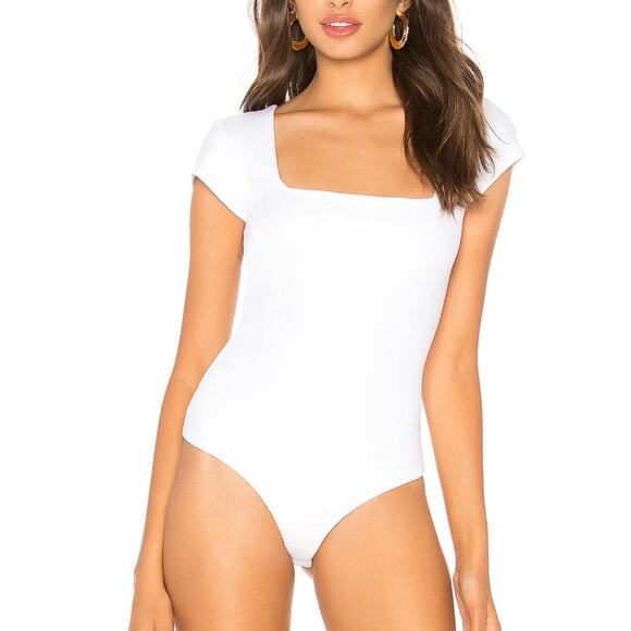 Free People White Square Bodysuit XS Bodycon Short Cap Sleeves USA $58 NEW - Picture 2 of 8